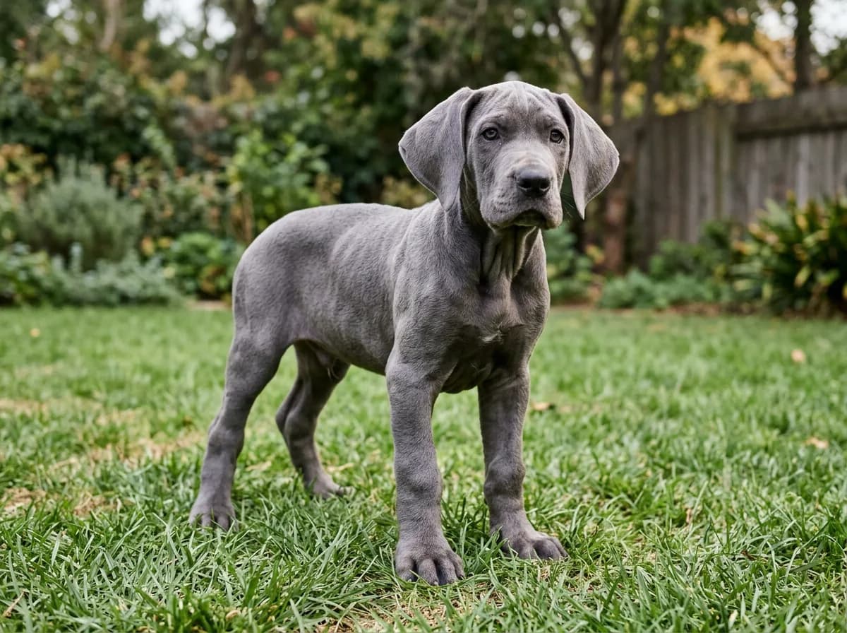 A blue-gray Great Dane puppy standing on green grass in a backyard, comically oversized paws and loose skin hinting at how much growing is still ahead