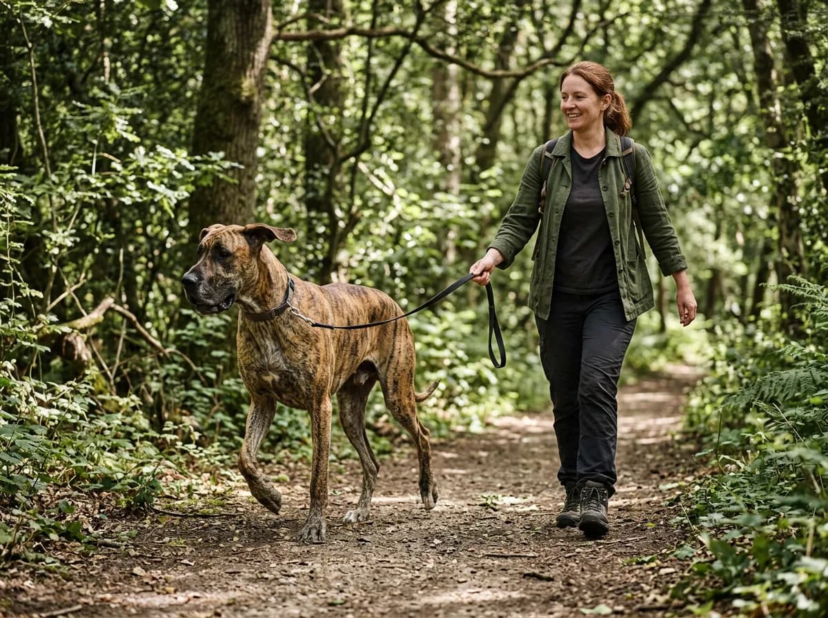 A brindle Great Dane on a loose leash walking beside its owner on a shaded woodland trail, mid-stride, dappled sunlight across its striped coat