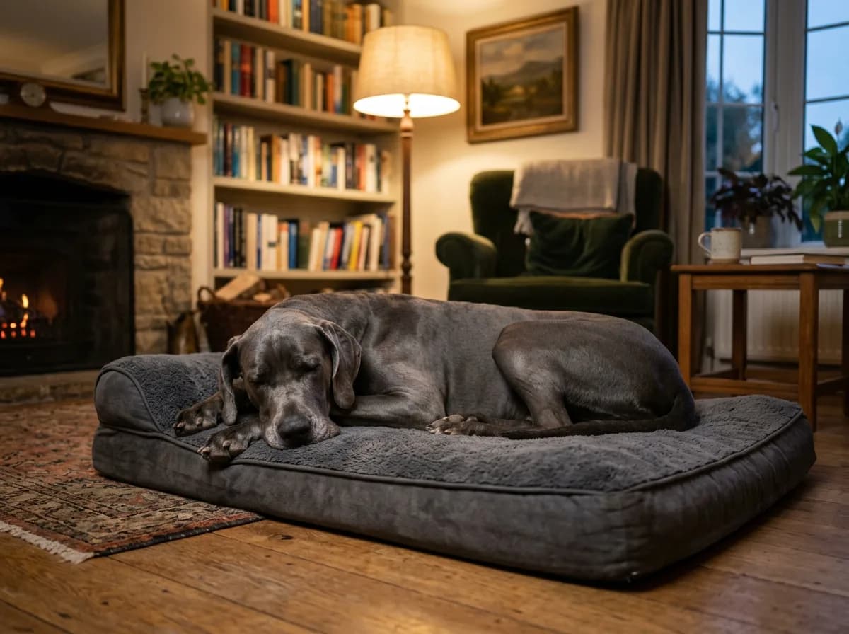 A blue (steel-gray) Great Dane resting calmly on a large indoor dog bed, head down and relaxed, warm lamplight in a cozy living room