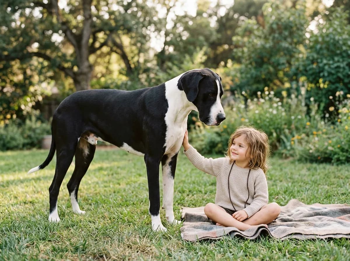 A mantle Great Dane (black body with a white blanket and chest) standing gently beside a seated child in a grassy backyard, the dog's calm expression conveying the gentle-giant temperament