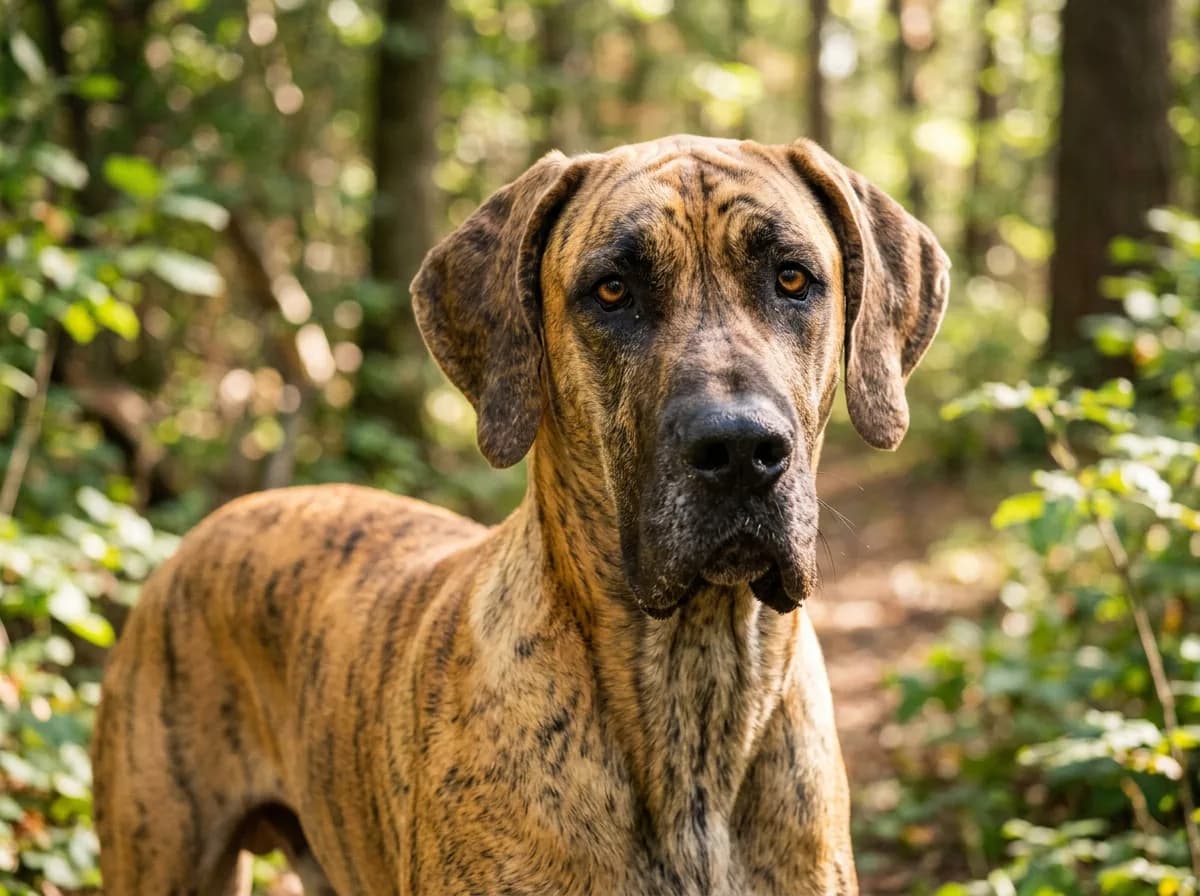 A brindle Great Dane with dark tiger-stripe markings over a golden fawn coat, close-up of the head and shoulders in dappled outdoor light
