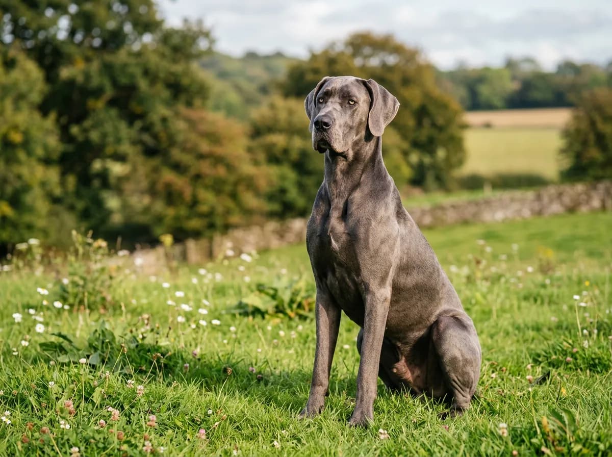 A steel blue-gray Great Dane sitting upright on green grass, head turned toward the camera with pale amber eyes