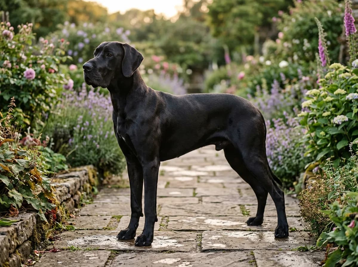 A glossy solid black Great Dane standing on a stone garden path in soft evening light, coat catching a faint sheen