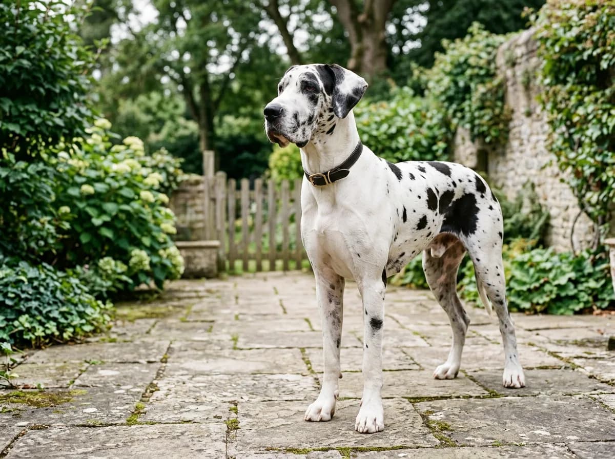 A harlequin Great Dane with a white coat and irregular torn black patches standing alert on a paved patio