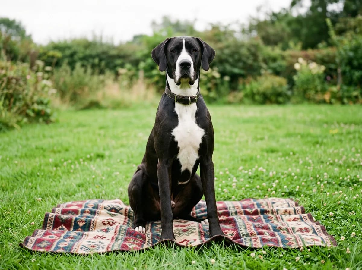 A black-and-white mantle Great Dane with a white collar and chest sitting on a green lawn, the blanket pattern clearly visible from the front