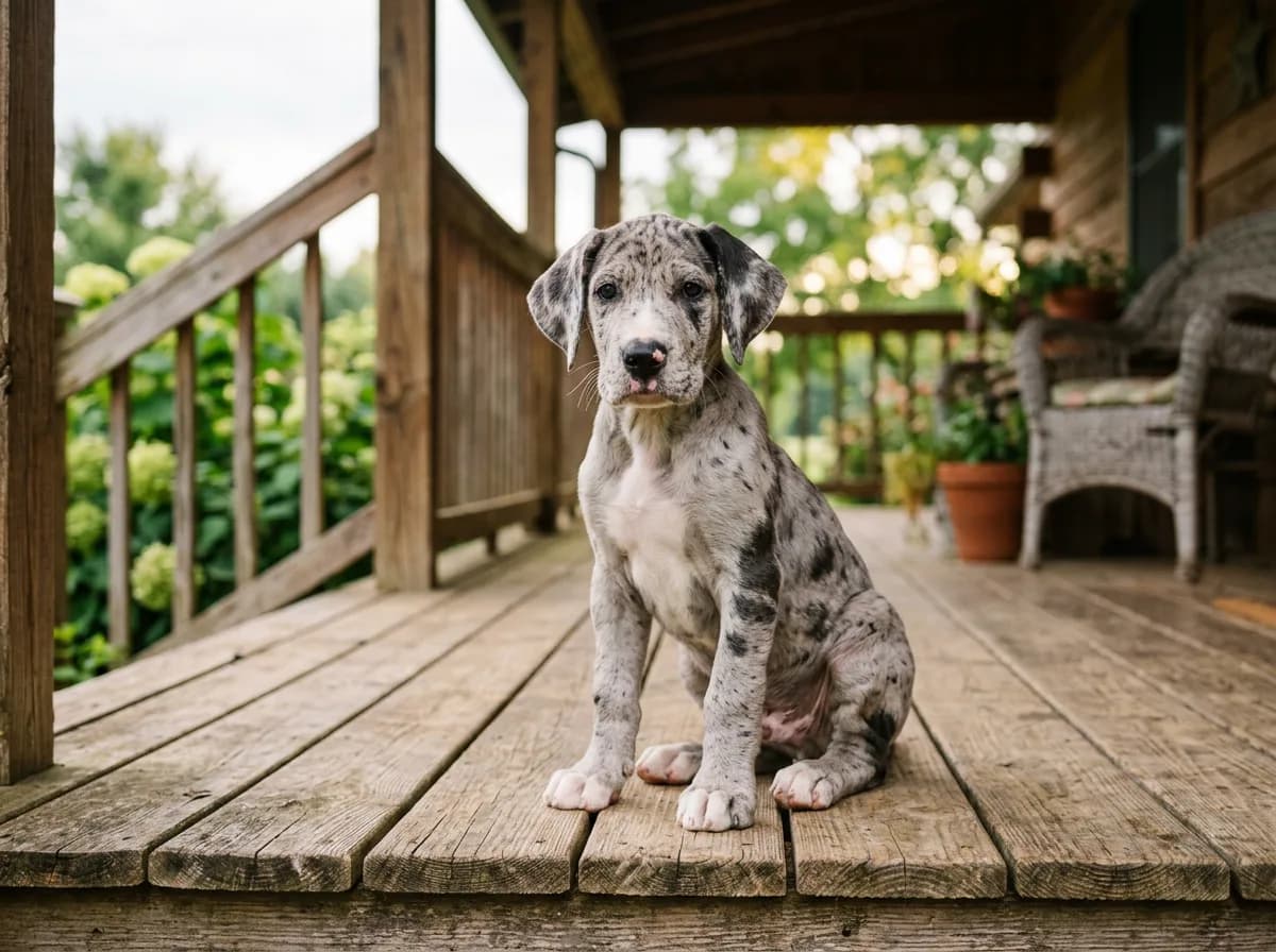 A young merle Great Dane puppy with a marbled gray and black coat sitting on a wooden porch, ears slightly floppy