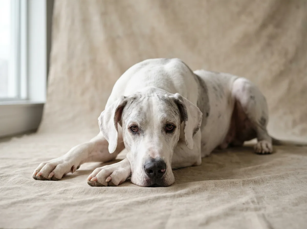 A mostly white Great Dane with faint gray markings lying on a neutral studio backdrop, looking calmly at the camera