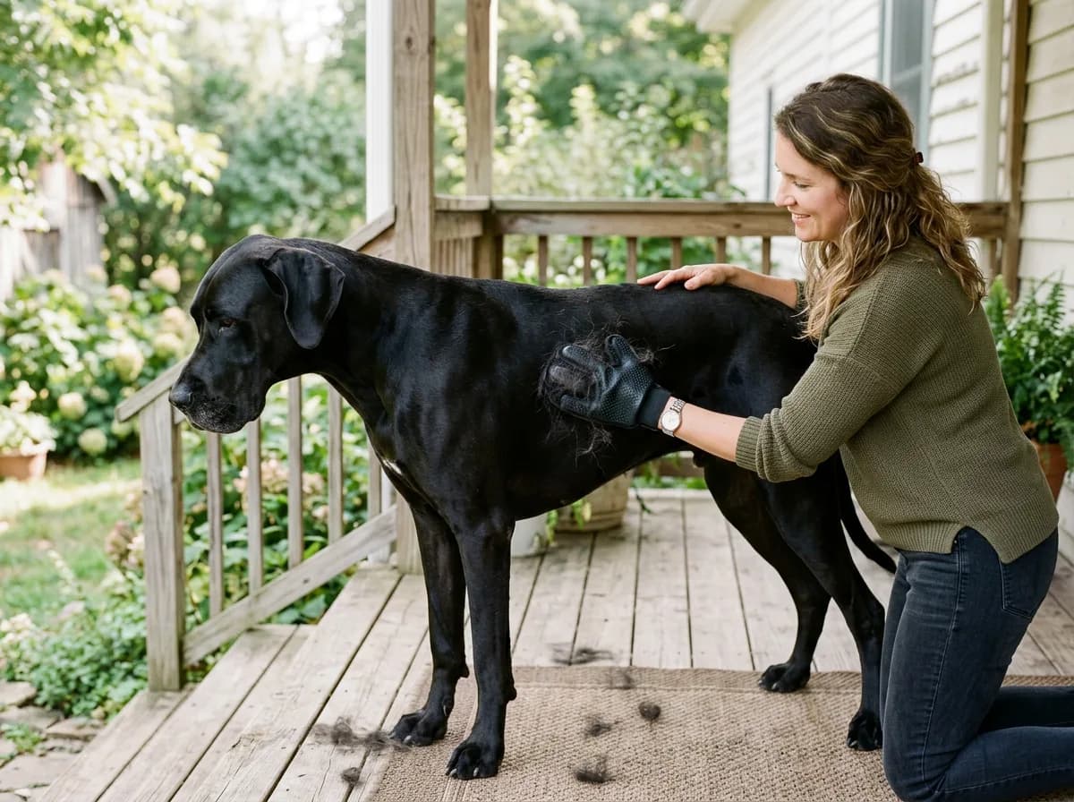 A person brushing a black Great Dane's short coat with a grooming mitt on a bright back porch, loose hair visible
