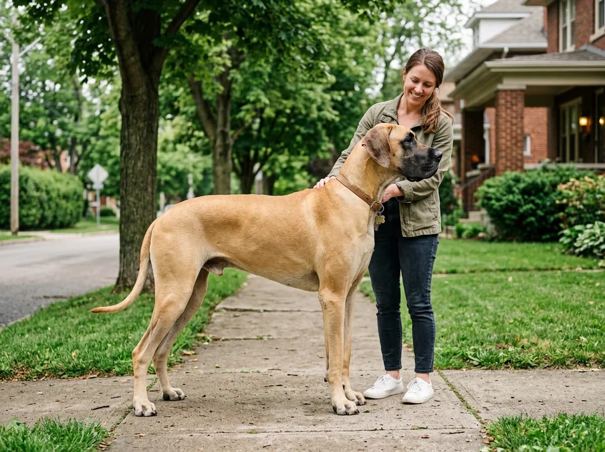 A full-body side view of an adult fawn Great Dane standing next to an adult person to show the breed's towering scale, on a suburban sidewalk