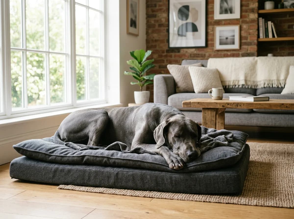 A blue-grey Great Dane lying calmly on a thick padded dog bed inside a bright living room, resting its head down, soft indoor lighting, relaxed posture
