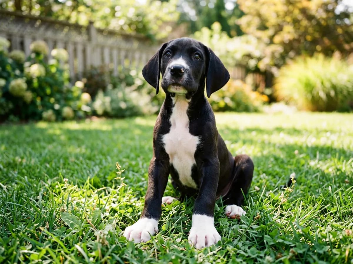 A mantle Great Dane puppy (black coat with a white chest and muzzle) sitting on green backyard grass with oversized paws, floppy ears, looking up, bright midday sun