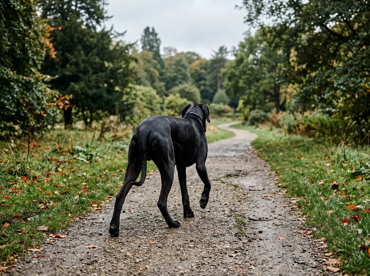 A black Great Dane walking across a park path away from the camera, hind legs and gait clearly visible, showing the long-legged movement of the breed, overcast daylight