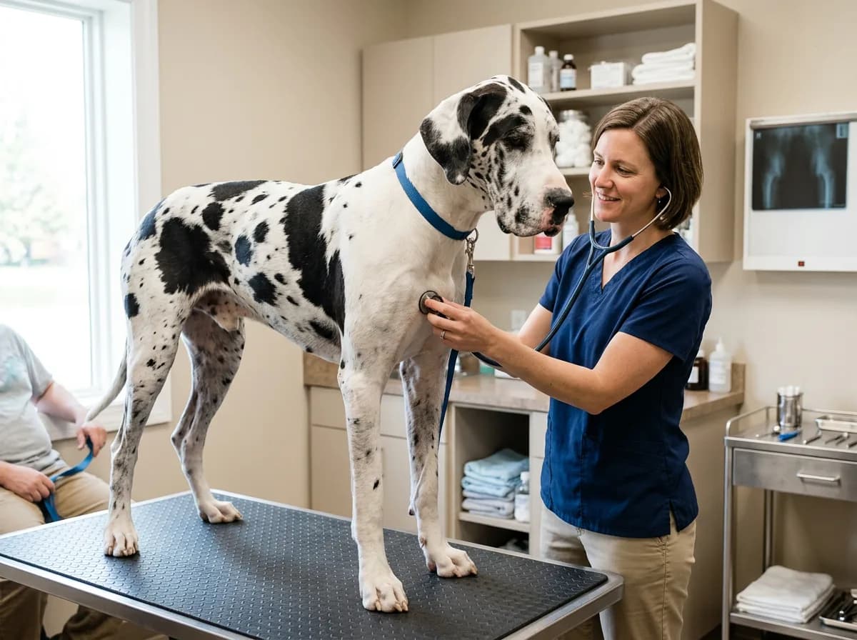 A harlequin Great Dane (white coat with irregular black patches) being examined by a veterinarian who is listening to its chest with a stethoscope in a clean exam room, calm dog, clinical setting