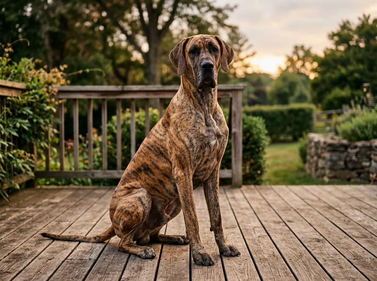 A brindle Great Dane sitting upright and alert on a wooden deck outdoors, head turned toward the camera, tan coat with dark tiger-stripe markings, warm early-evening light