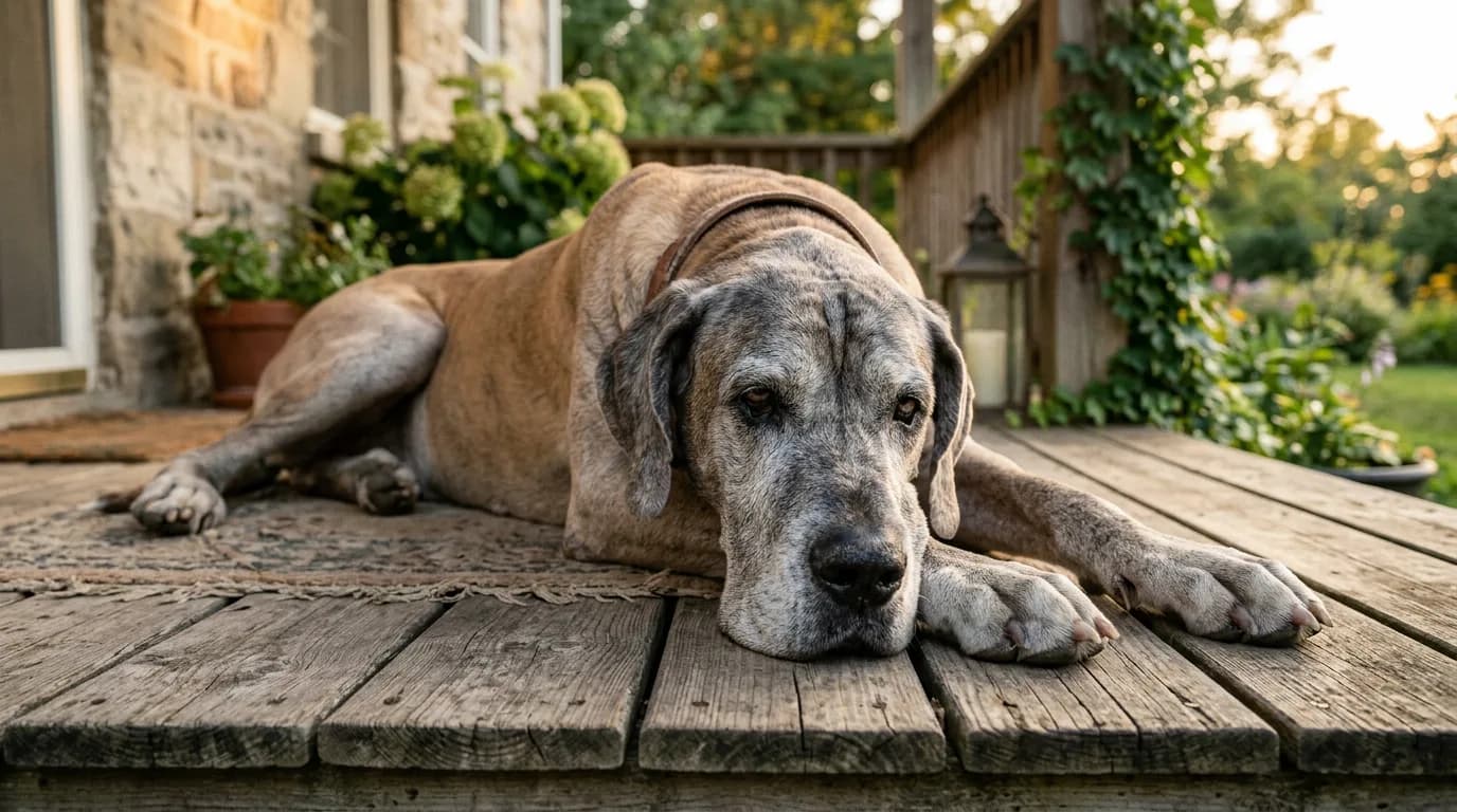 A grey-muzzled senior fawn Great Dane lying on a wooden front porch in warm golden-hour light, calm and dignified, its aging face and cloudy eyes conveying old age