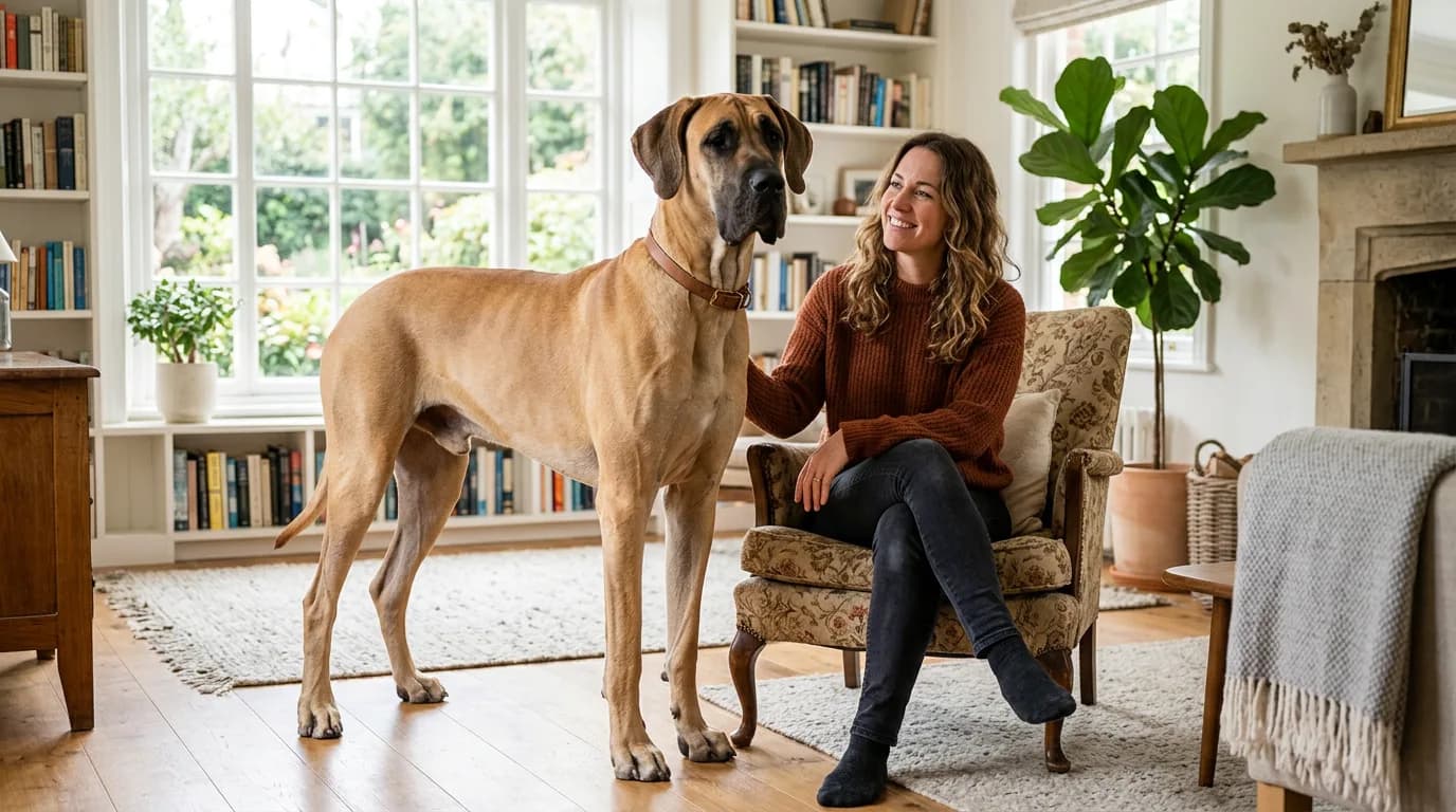 A fawn Great Dane standing at full height beside a seated adult woman in a bright living room, the dog's head level with her shoulder, showing true scale