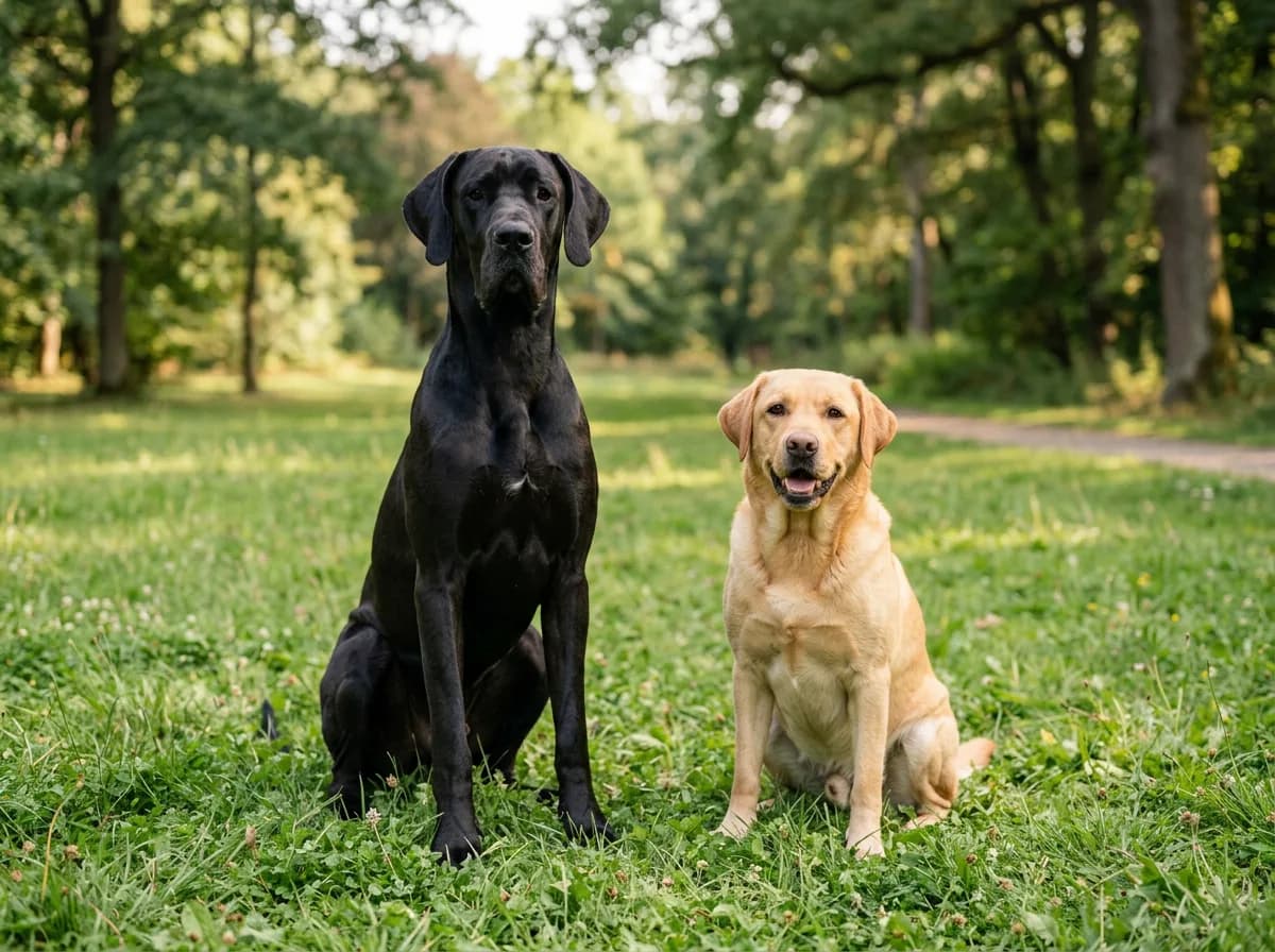 A black Great Dane sitting upright next to a yellow Labrador Retriever on a grass lawn, the Dane clearly a head and a half taller, both facing the camera