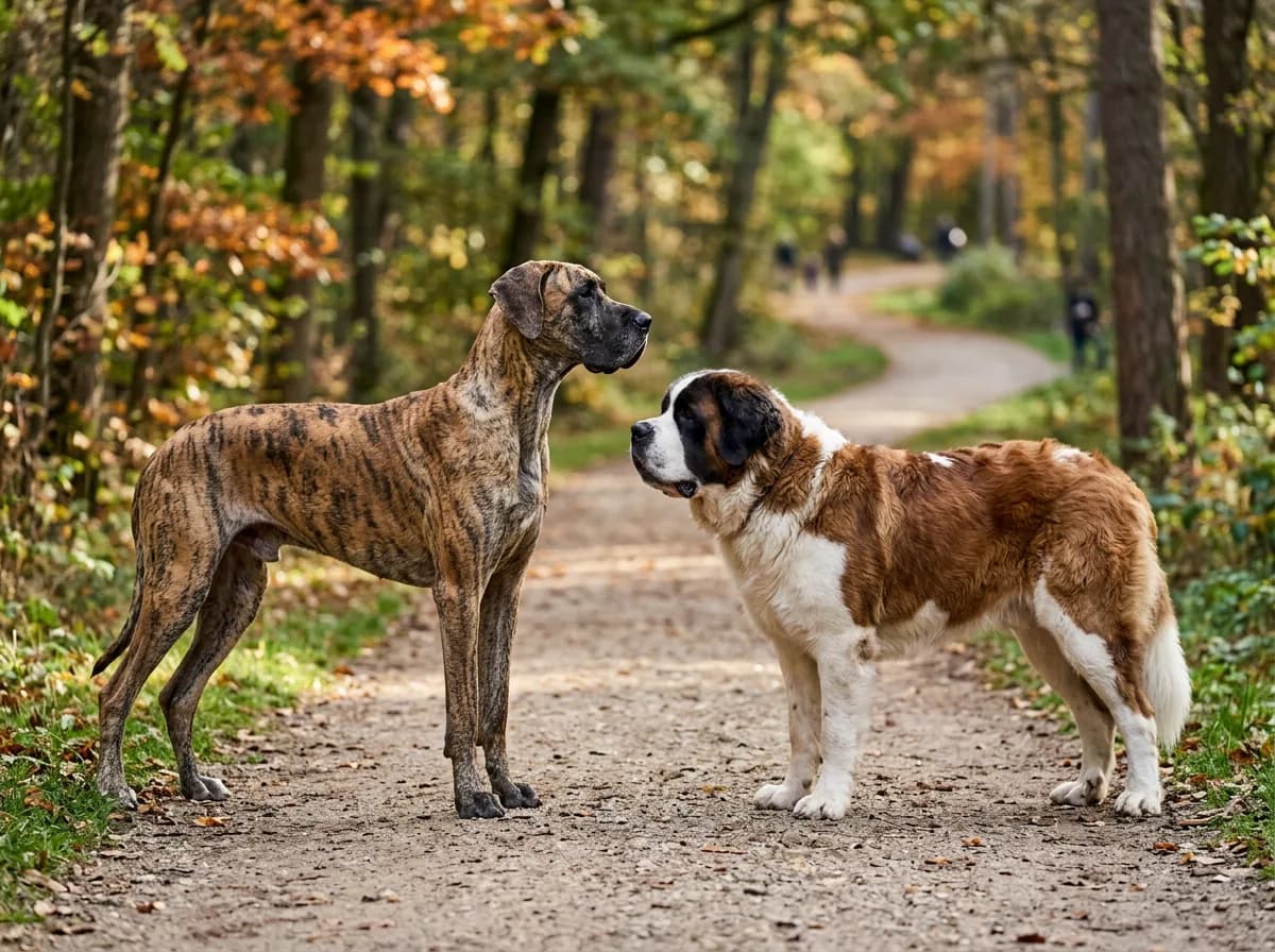 A brindle Great Dane standing beside a Saint Bernard on a park path, the Dane taller but leaner, the Saint Bernard broader and heavier, both in profile for direct size comparison