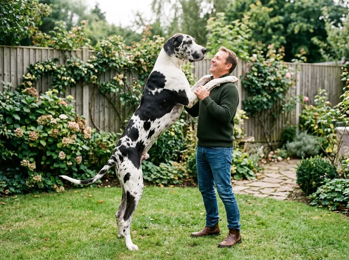 A harlequin Great Dane rearing up on its hind legs with front paws resting on the shoulders of a standing man, the dog's head above his, in a fenced backyard