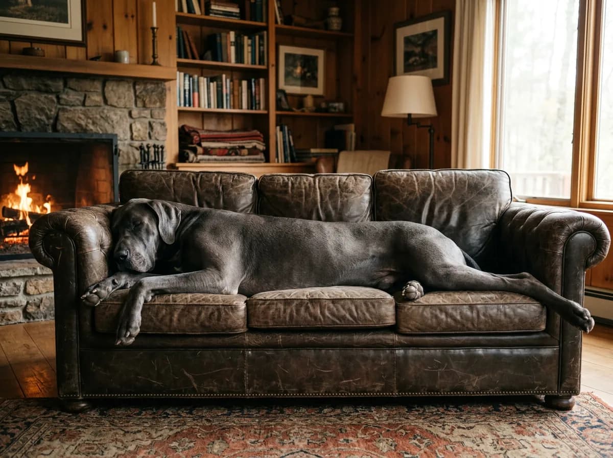 A blue Great Dane stretched out full length across an entire three-seat sofa, taking up every cushion, viewed from the side in a cozy den