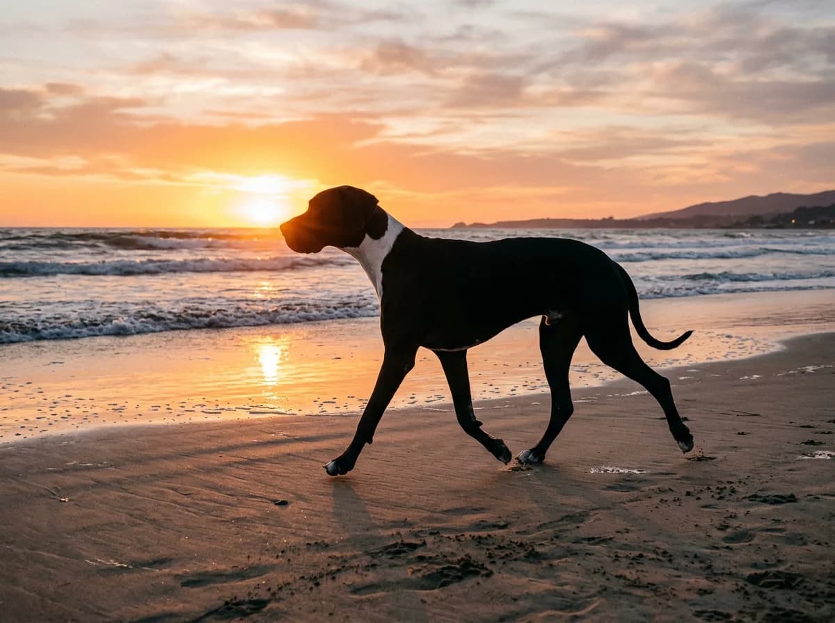 A mantle Great Dane walking in profile along a sandy beach at sunset, long legs and tall frame silhouetted against the low sun