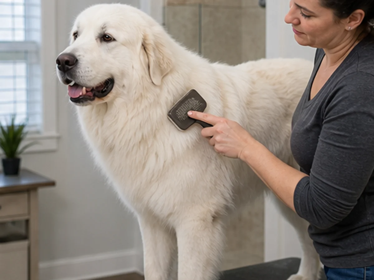 Owner brushing the coat in a realistic home grooming scene