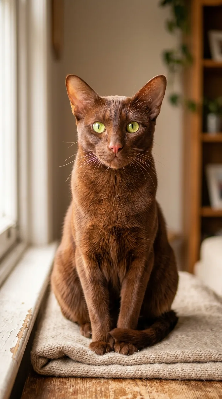 Havana Brown cat with warm mahogany coat and vivid chartreuse-green eyes sitting upright in soft natural window light