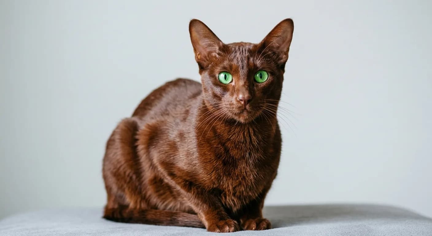 A rich mahogany Havana Brown cat with vivid green eyes posed against a clean background, showcasing the breed's warm chocolate coat
