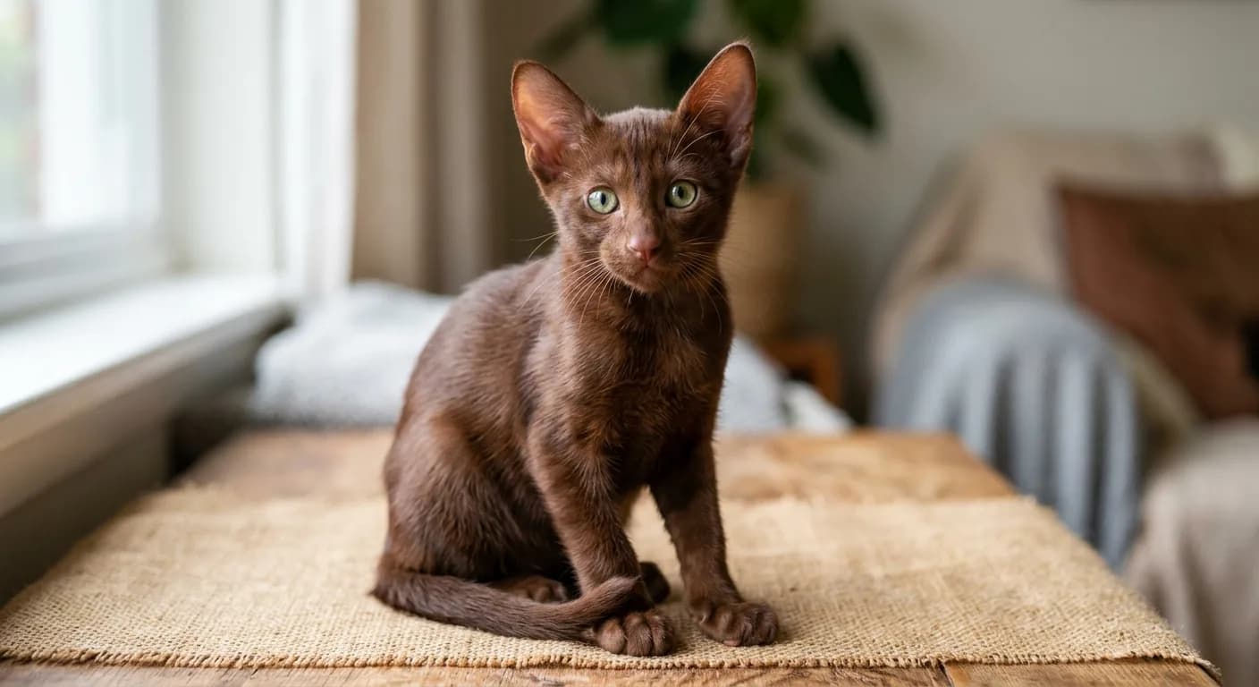 Havana Brown kitten with warm mahogany coat and bright green eyes sitting upright on a burlap surface in natural light