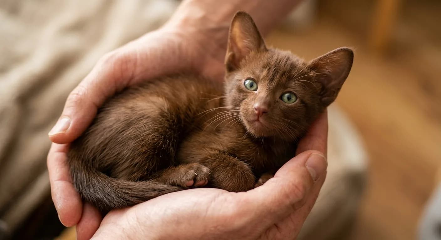 A pair of hands gently cradling a small Havana Brown kitten, showing the warm mahogany coat color
