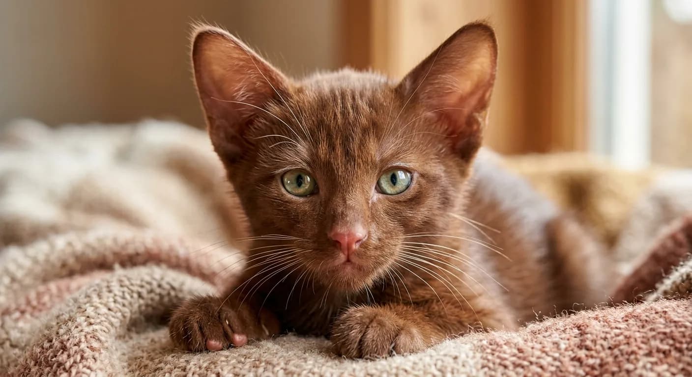 Close-up of a Havana Brown kitten showing the warm reddish-brown mahogany coat, whiskers, and developing green eyes