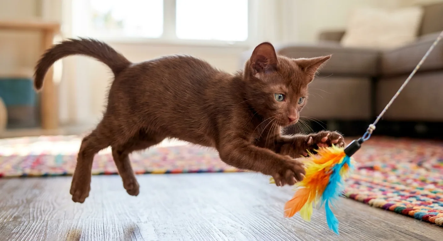 Havana Brown kitten fully airborne mid-pounce chasing a colorful feather wand toy across a wood floor