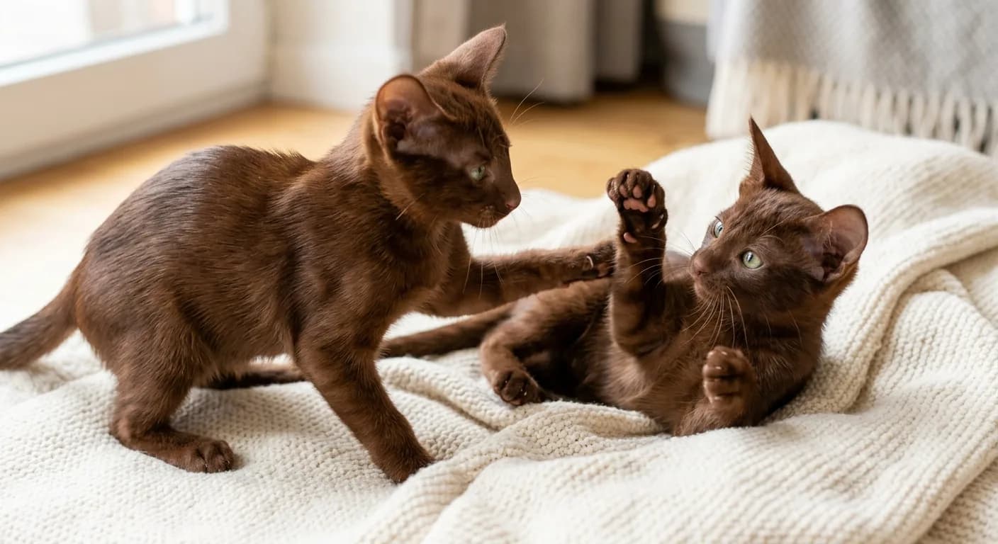 Two Havana Brown kittens with mahogany coats playing together on a light surface