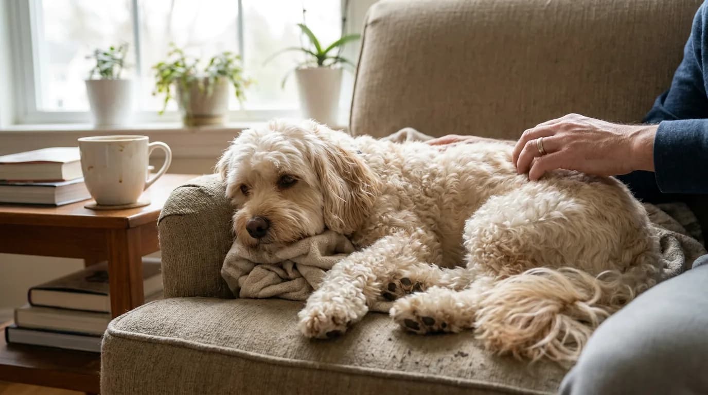 Cream wavy-coated companion dog resting on an armchair beside an owner