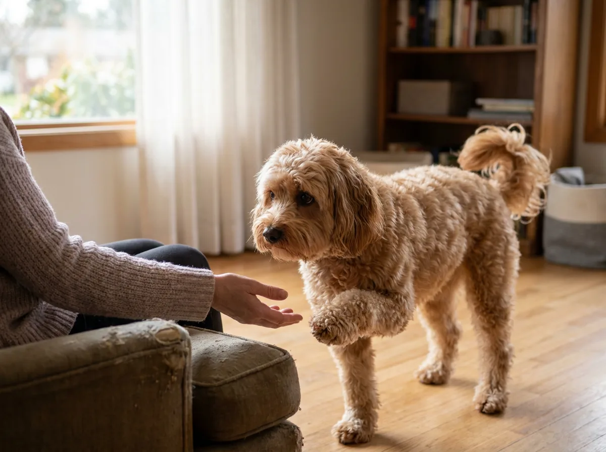 Apricot wavy dog approaching a seated person in a living room