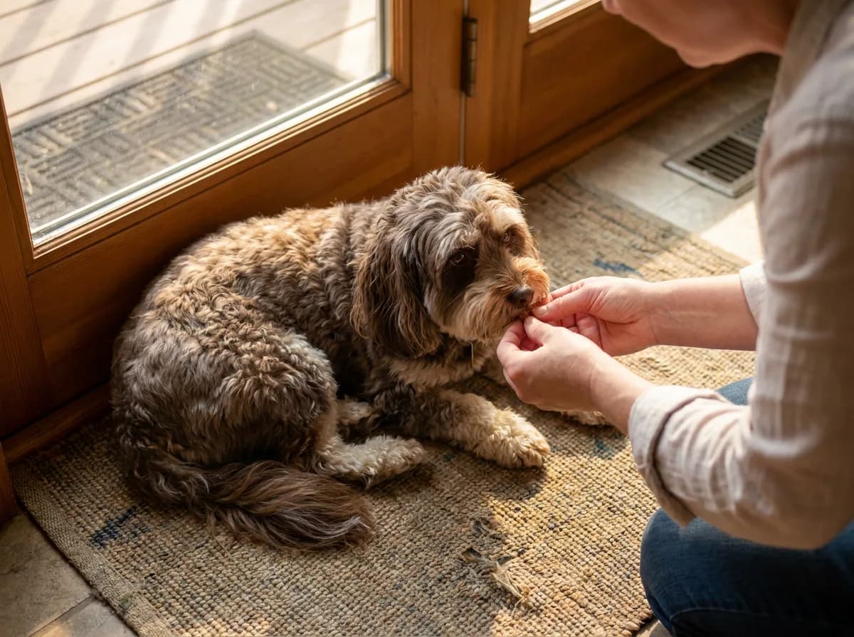 Brown wavy dog lying on a doorway mat as an owner offers a reward