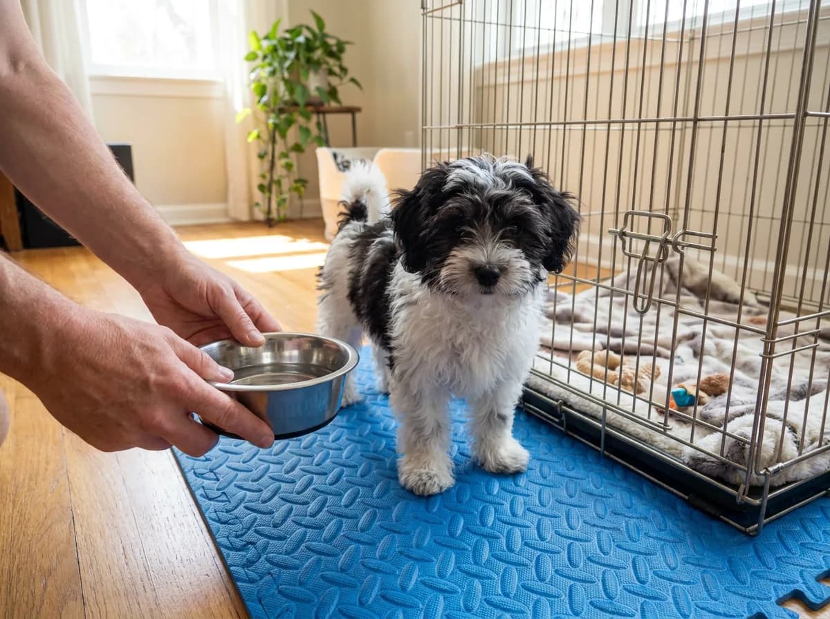 Black-and-white Havapoo puppy illustration on a blue mat beside an open crate