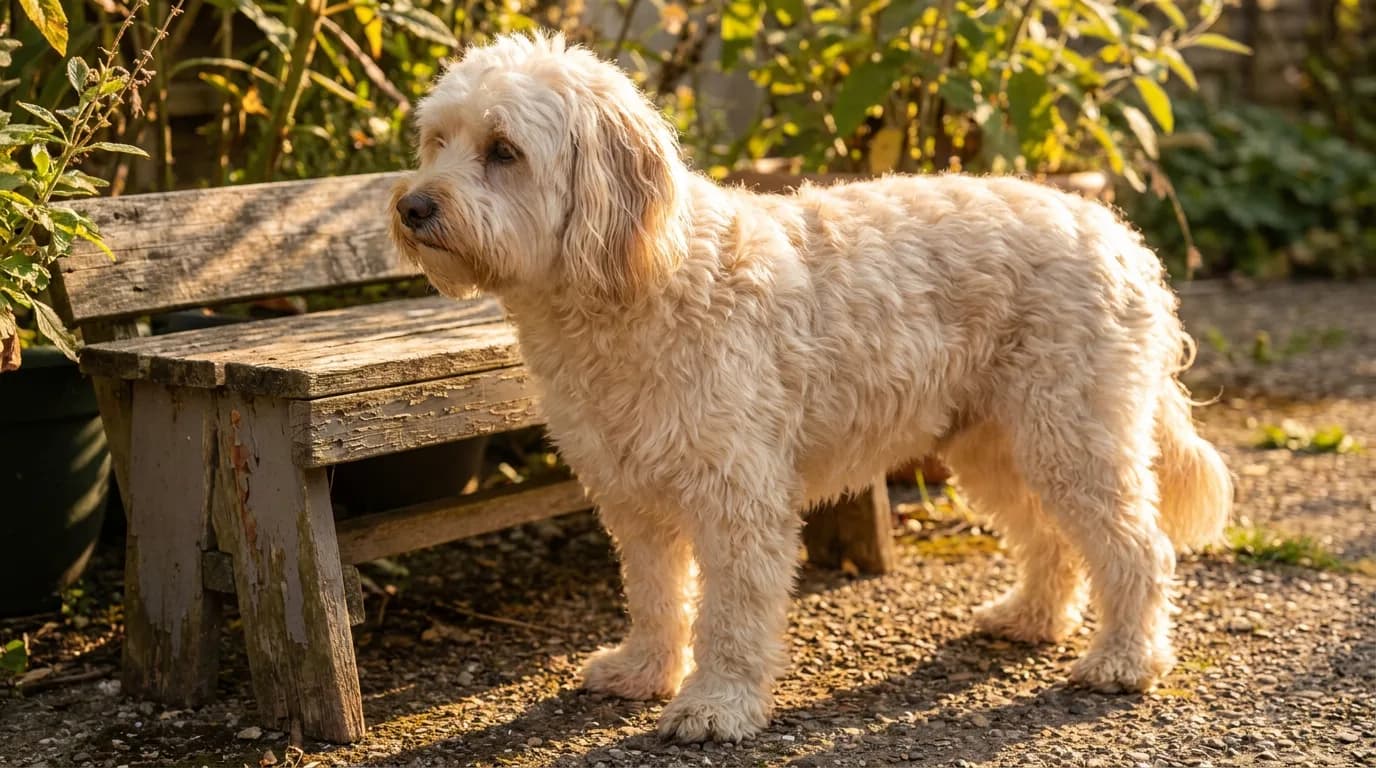 Cream adult dog standing beside a garden bench
