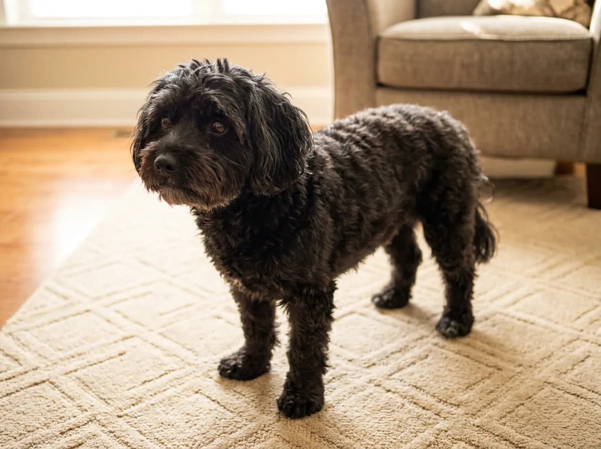 Black adult dog standing on an indoor rug