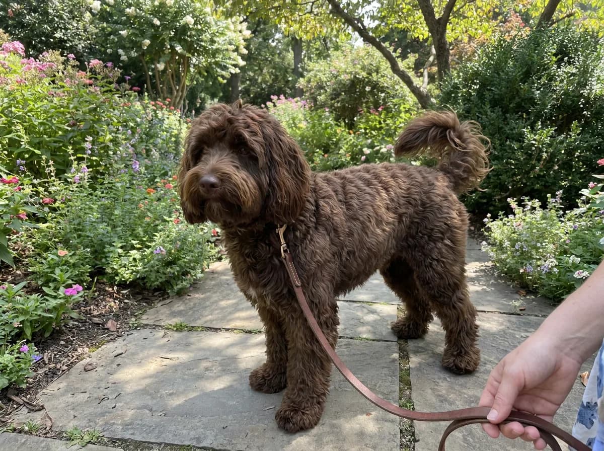 Adult dog with a chocolate coat standing on a garden path