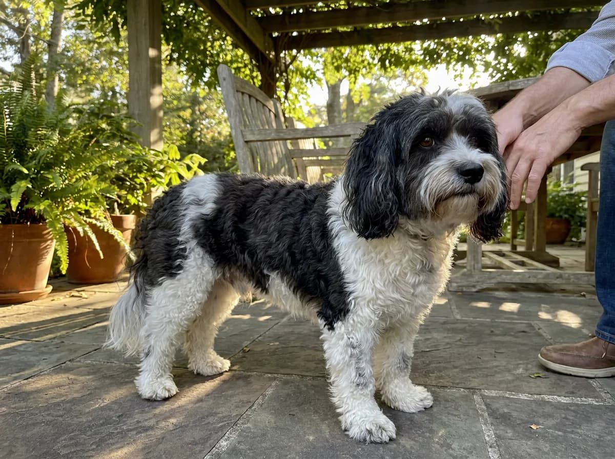 Adult dog with a black coat and white markings standing on a patio