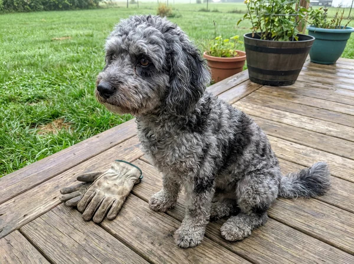 Small dog with a mottled coat and gray markings sitting on a deck