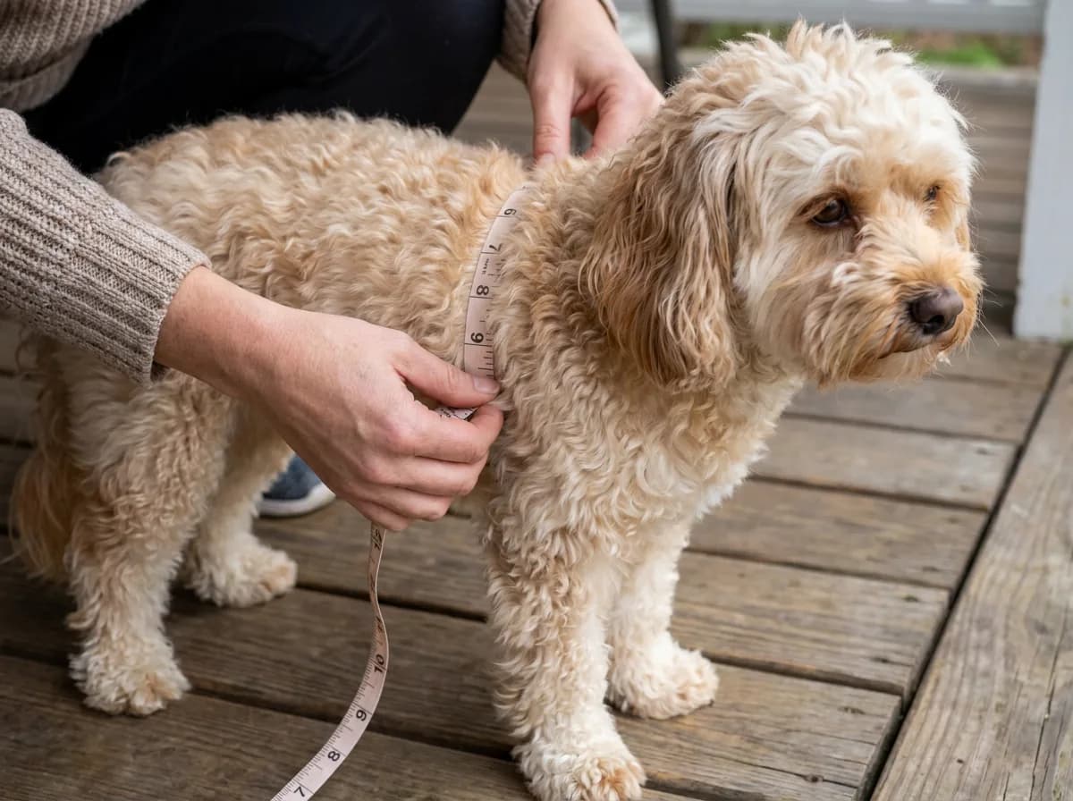 Owner measuring a small wavy dog around the chest with a flexible tape