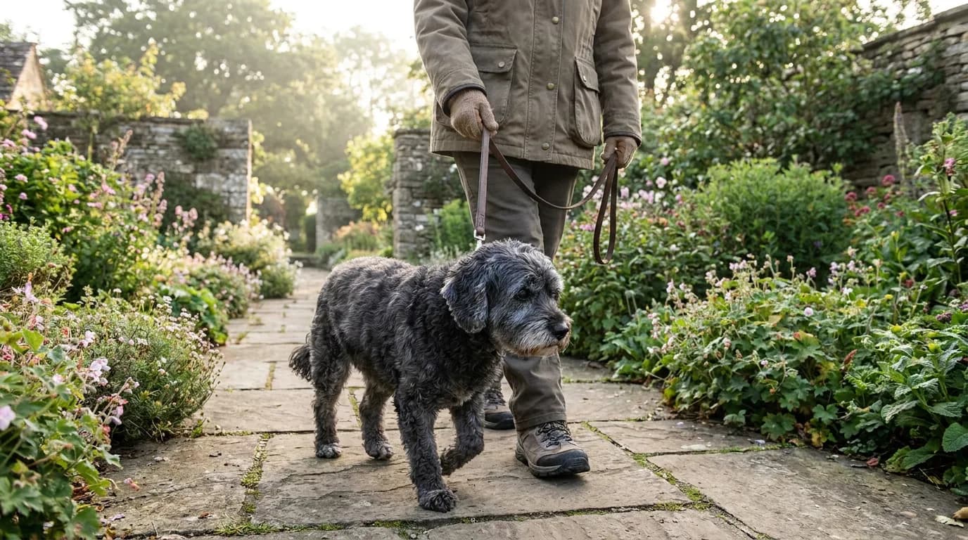 Small dark gray dog with a silver muzzle walking beside an owner on a garden path