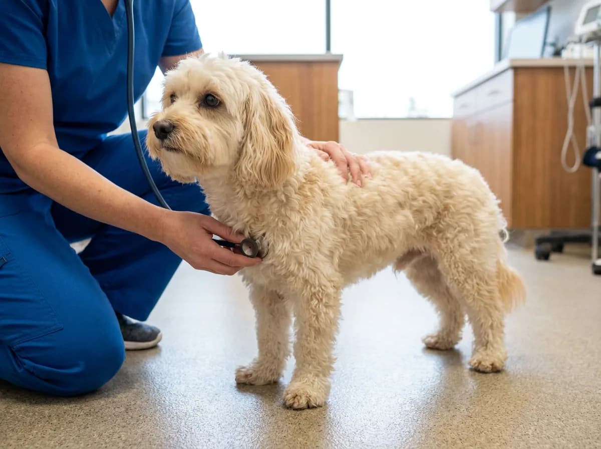 Veterinarian kneeling beside a cream dog on a clinic floor