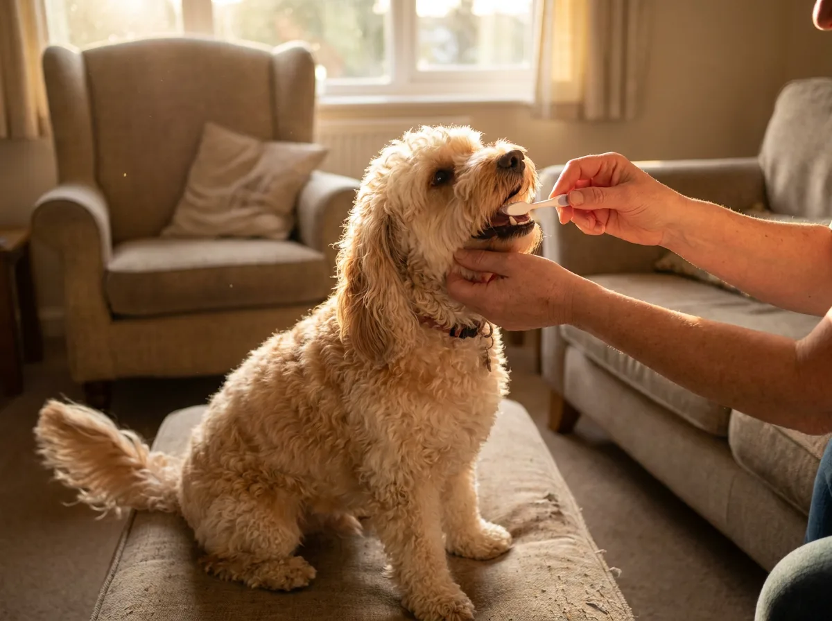 Owner gently introducing a toothbrush to a small apricot dog