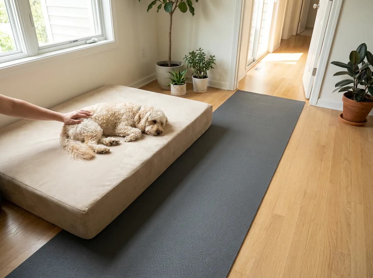 Cream dog resting on a low bed beside a flat nonslip runner