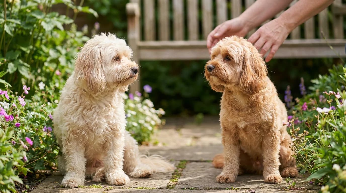 Cream wavy dog and apricot curly dog sitting together in a garden