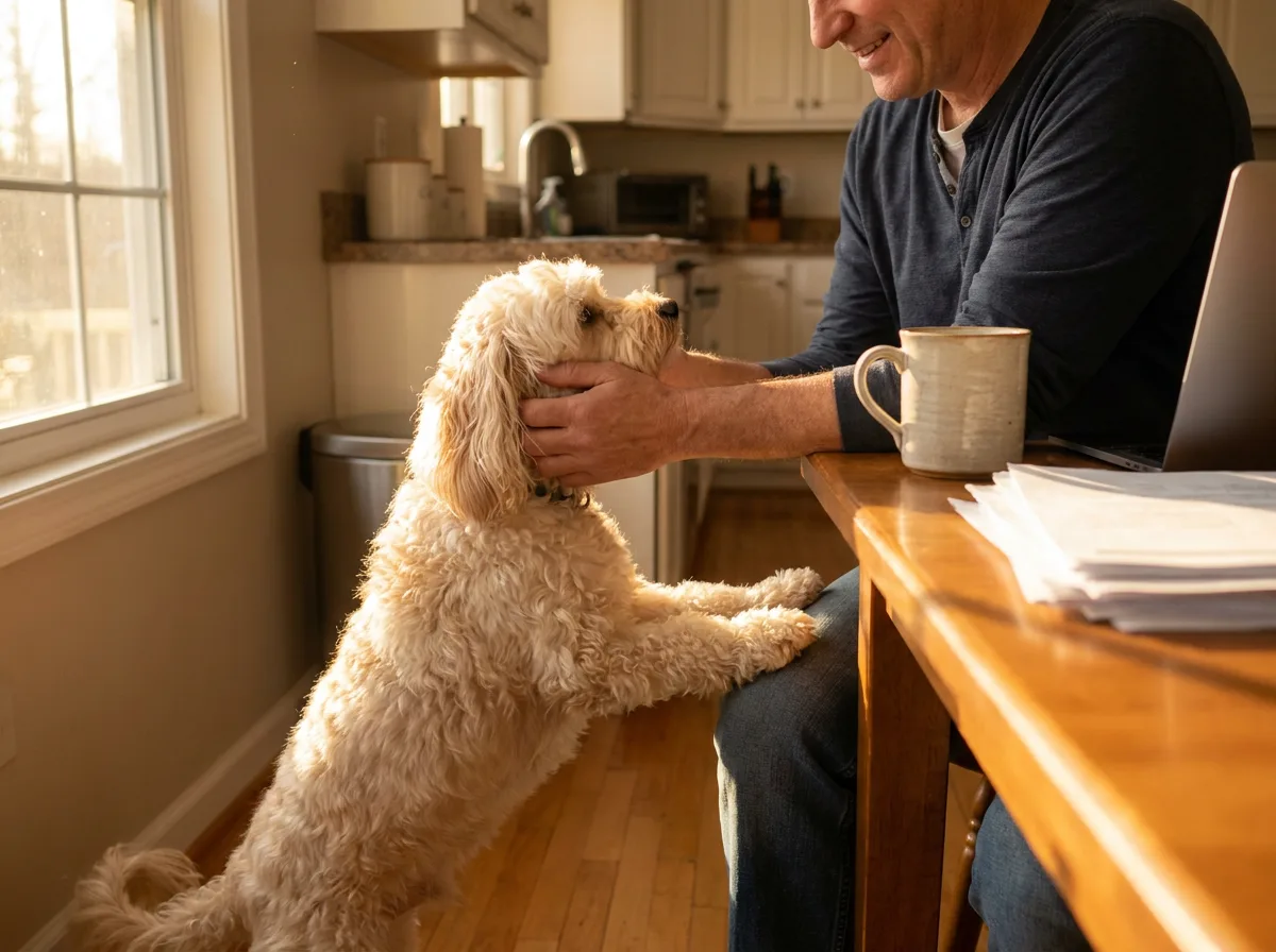 Cream companion dog placing its front paws on a low table beside an owner
