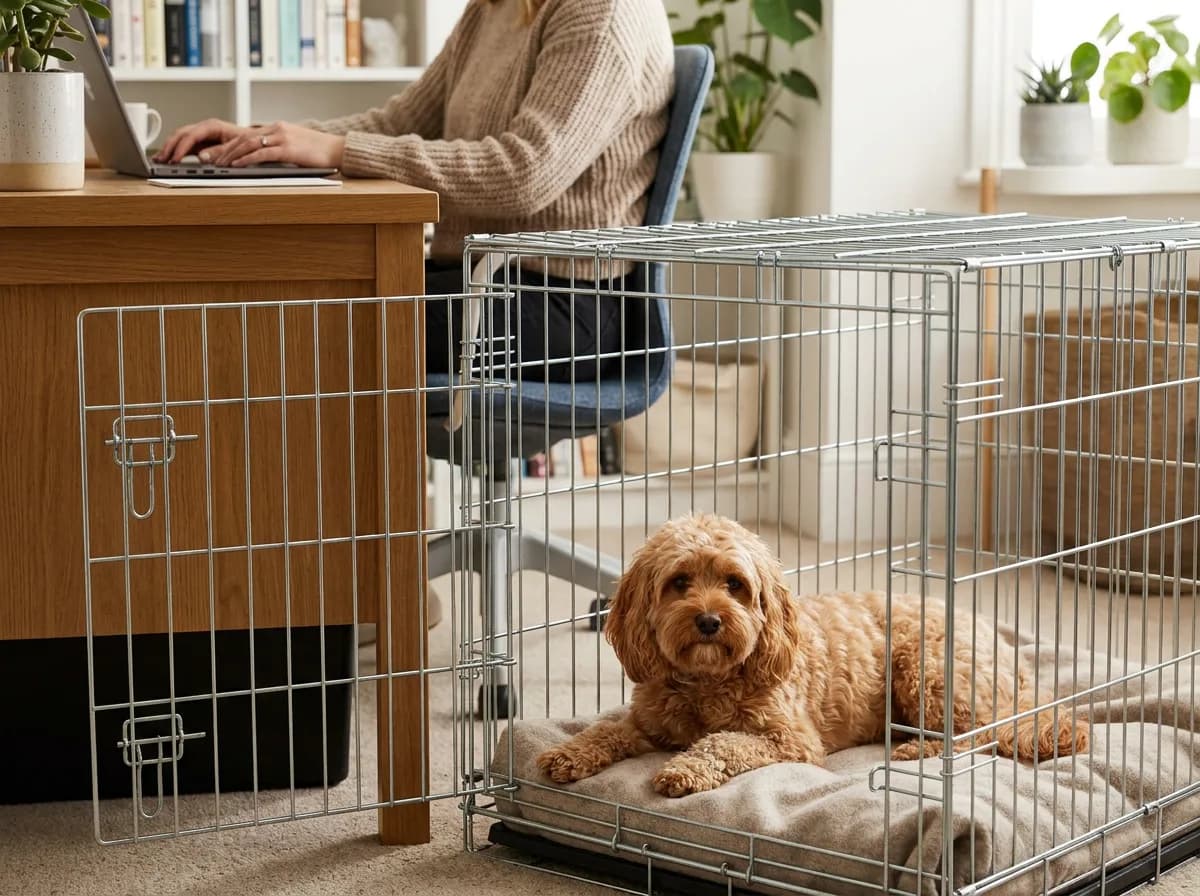 Apricot companion dog resting in a spacious open crate beside a desk